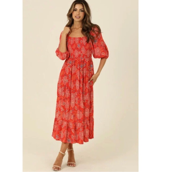 Angie Peasant Sleeve Red Print Maxi Dress M - Picture 1 of 12